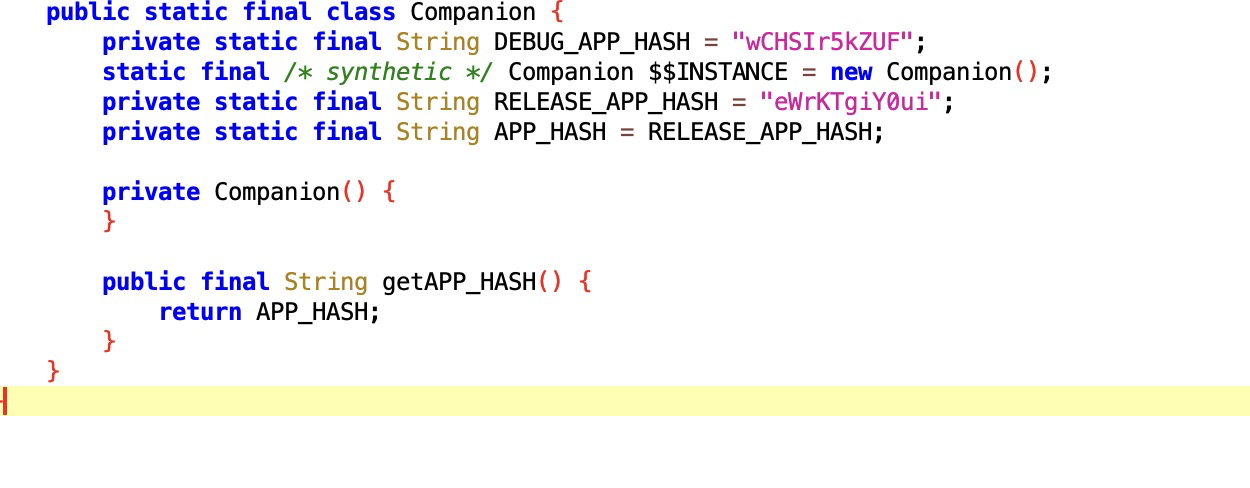 Netflix app source code showing hardcoded hash values