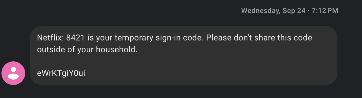 Netflix OTP message with app hash suffix