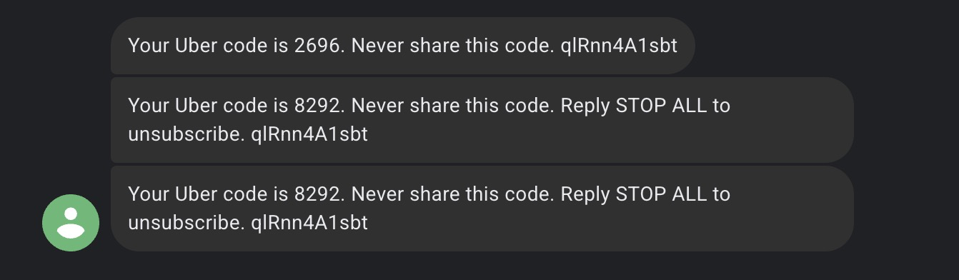 Uber login message including its app hash